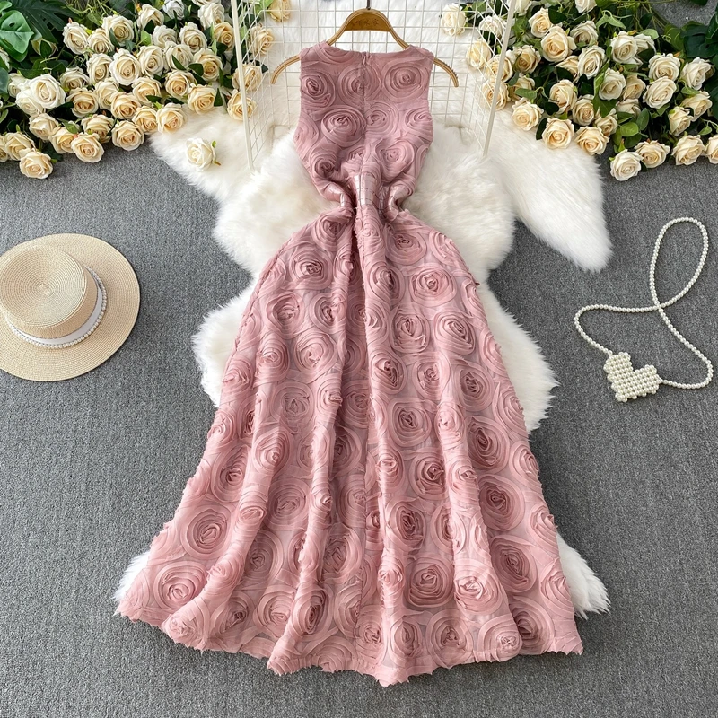 

Advanced Three-Dimensional Floral Round Neck Sleeveless Waist Cinched Slim Dress Women's Summer High-End Dinner Dress