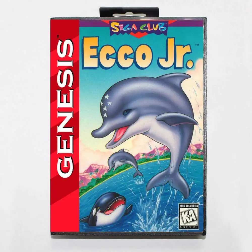 Tarjeta de juego Ecco Jr MD con caja estadounidense personalizada para consola Sega Megadrive Genesis de 16 bits