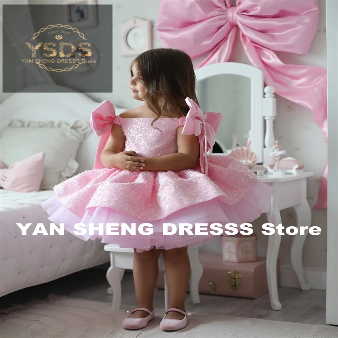 Customized Lovely Pink Flower Girl Dress for Wedding Sequins Beading with Bow Kids Birthday Party First Communion Ball Gowns