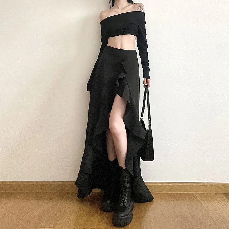Gothic Skirts Y2K Summer Women's Clothes Black Hip Hop Skirts for Women Casual Irregular Ruffles Split Skirts Women Streetwear