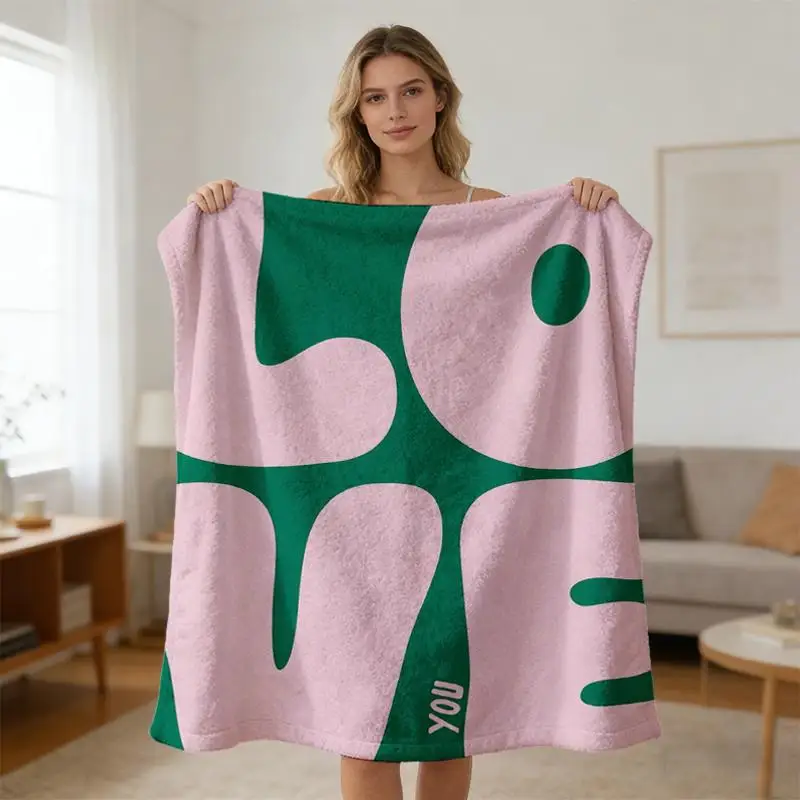 Pink Green Abstract Shape Flannel Throw Blanket, Modern Minimalist Curve Graphic Print Soft Blanket for Kids Bedroom Sofa Cozy