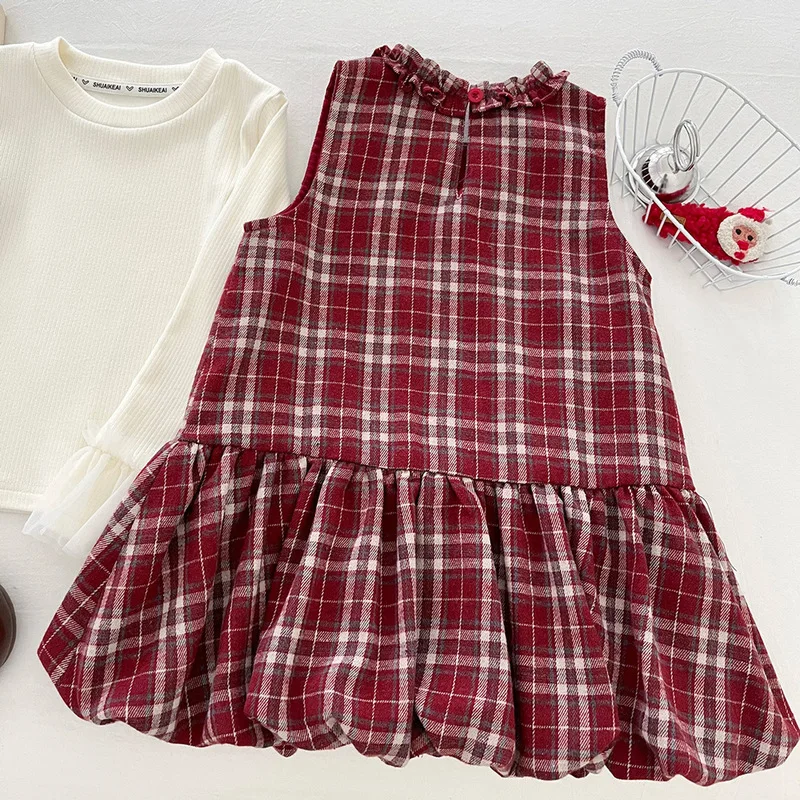 Girls' New Autumn College-Style Plaid Bud Dress and Base Shirt Two-Piece Set
