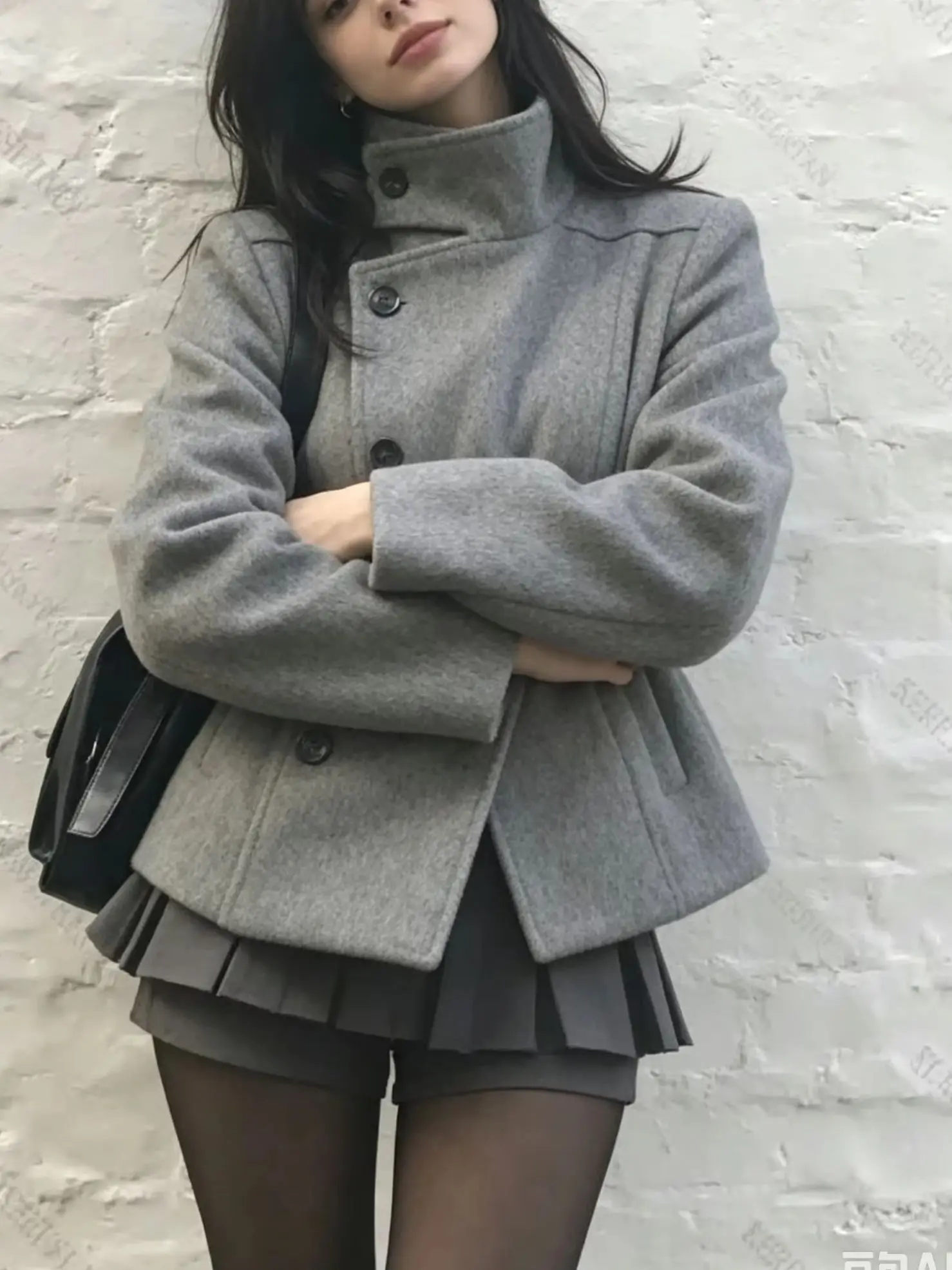 Y2K Women's Black Stand Collar Asymmetric Button Jacket Slim Fit Cropped Casual Outerwear Vintage Street Coat with Pocket