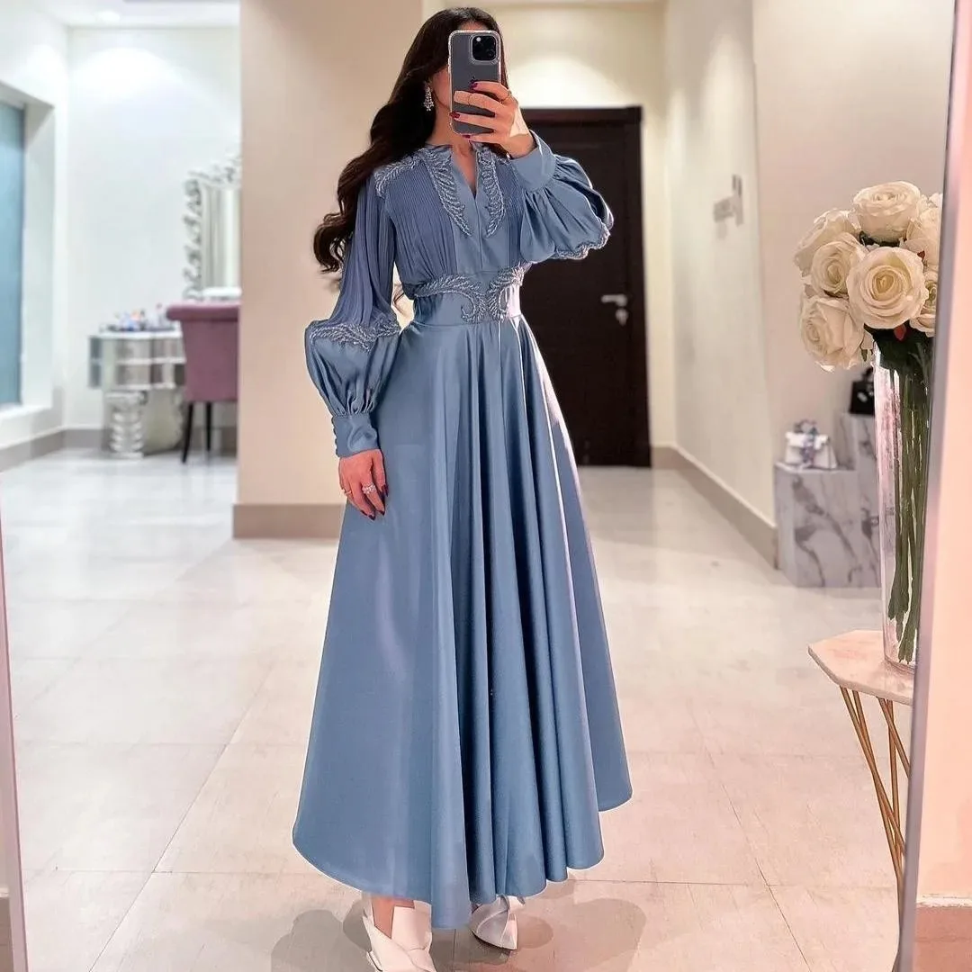 

Saudi Arabia V Neck Party Dresses Women Wear Prom Beaded Long Sleeves Robe De Soiree Ruched Ankle Length Evening Gowns