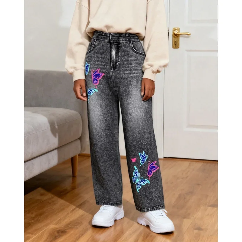 Модные повседневные широкие брюки для девочек 2025 года — цветной принт бабочки — свободные детские брюки из искусственного денима