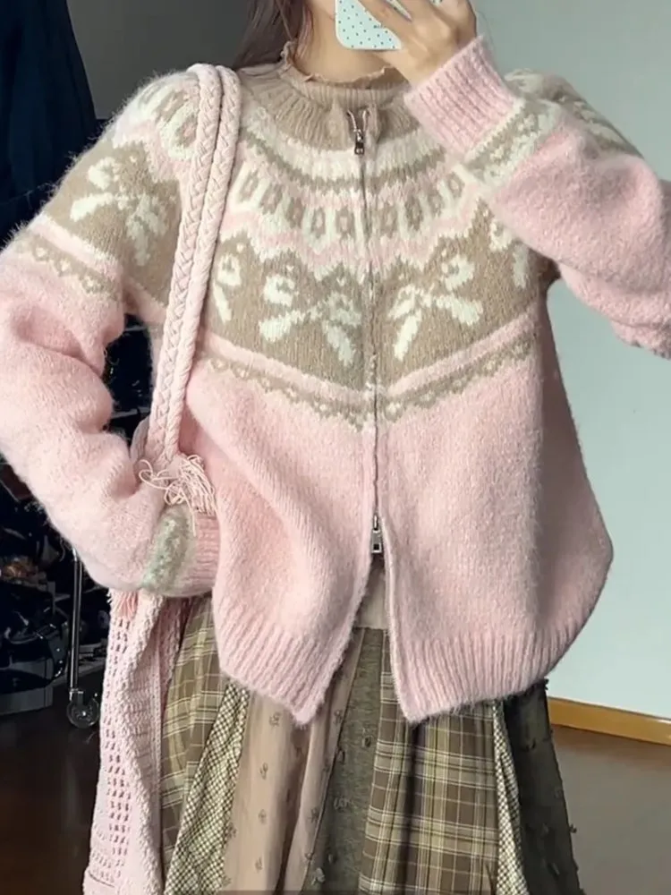 

Жаккардовый кардиган с принтом, женский свитер, осень-зима 2025, новая мода, милый розовый вязаный трикотаж на молнии, корейская шикарная верхняя одежда