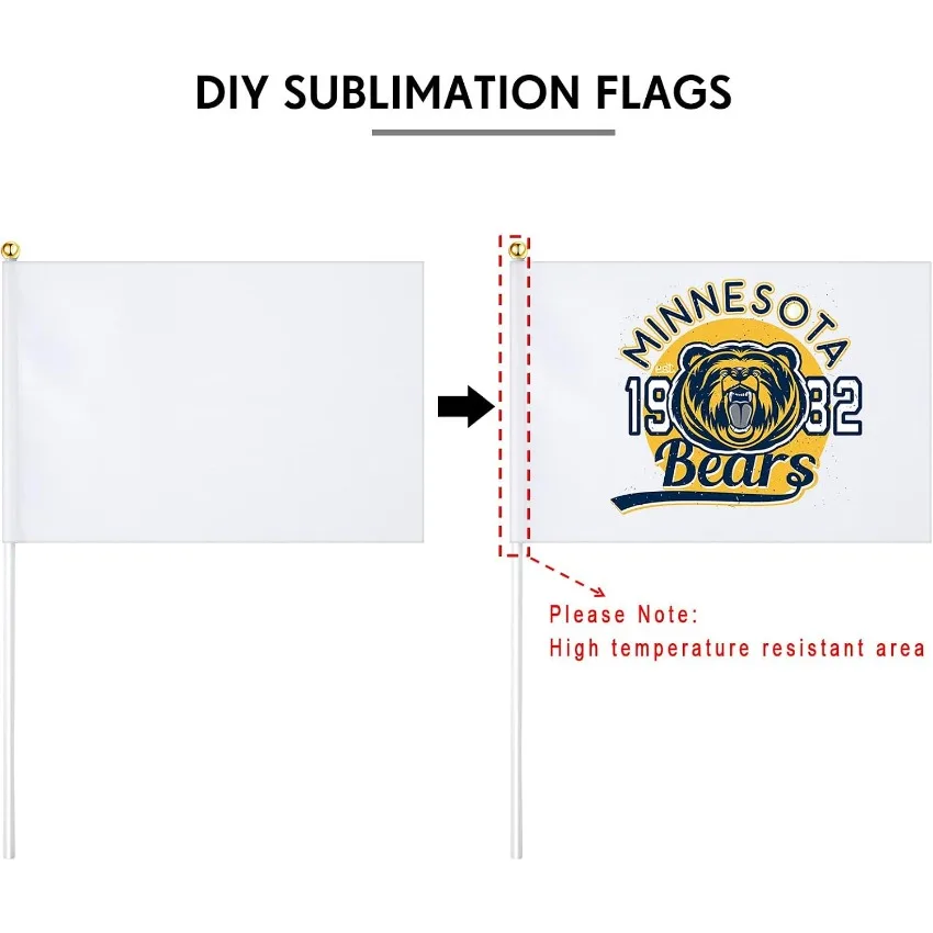 Blank White Hand Flags 5x8in 50PCS  with Sticks Sublimation DIY Mini Banners for Parade Birthday Wedding Grand Opening