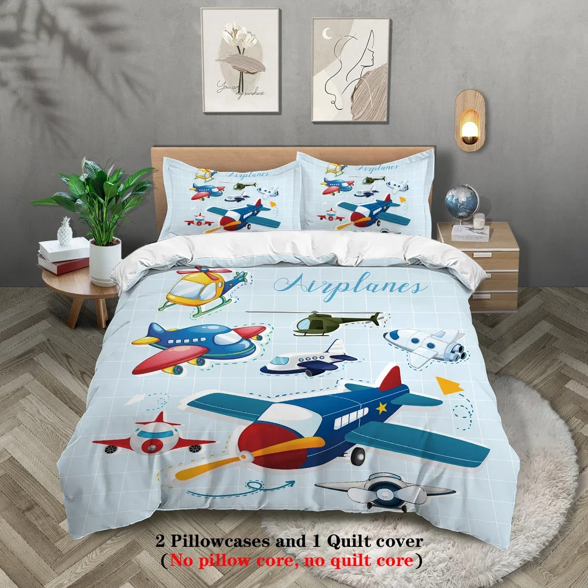 3-Piece Cartoon Airplane Pattern Print Duvet Cover Set with 2 Pillowcases Soft Comfortable Bedding No Core Included