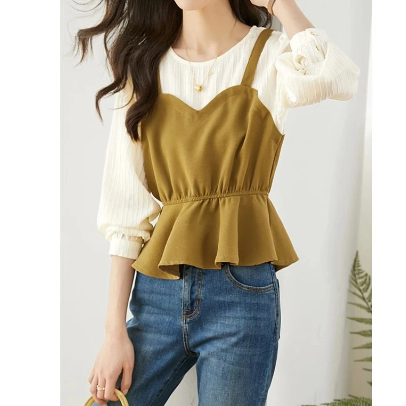 التباين كم طويل الكشكشة وهمية قطعتين مزاجه بلوزة ربيع الخريف قميص أنيق بلايز موضة مكتب النساء الملابس #3