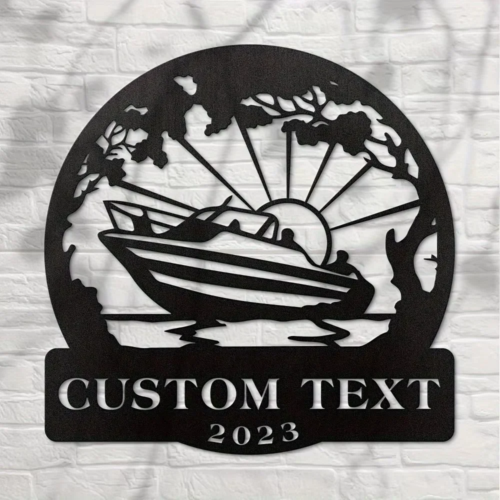 

Exclusive Personalizable Metal Wall Art - Boat Sunset. Custom Text & Year. Ideal for Home, Kitchen, Nautical Decor.