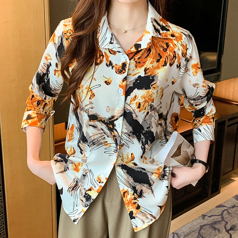 2025 패션 우아한 프린트 쉬폰 루즈 블라우스 여성용 긴팔 캐주얼 빈티지 분위기 여성 오피스 OL 셔츠 탑