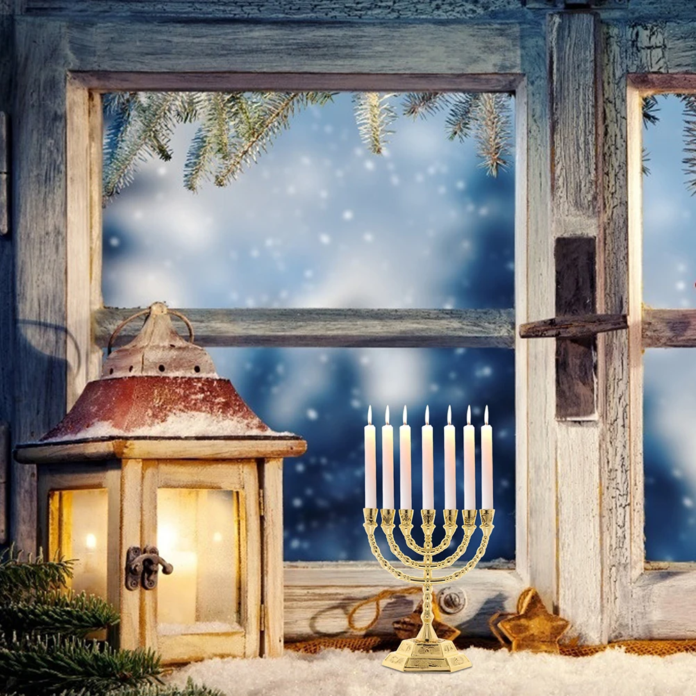 

7-Branch Metal Holders 16cm Golden Menorah Jewish Decor Vintage Candelabra Holder Decor For Desktop Desktop Ornament