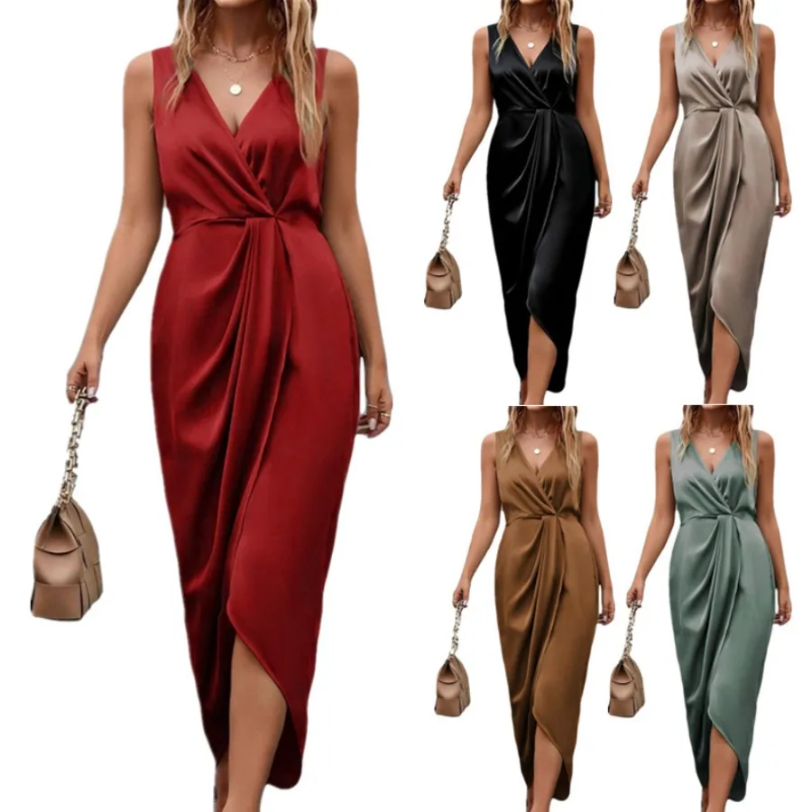 

【New style】2026 double-sided forged V-neck sleeveless split irregular long dress women's new Chinese suit