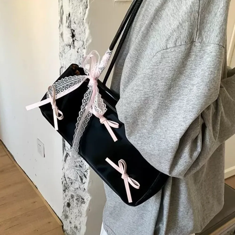 

Portable Sweet French Stick Handbag Ribbon Y2K Women Armpit Bag Korean Style PU Leather Underarm Bag School
