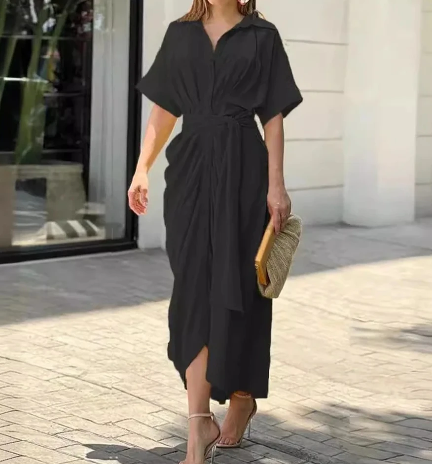 High Waisted Lady Shirt Dress for Women Clothing Summer Classic Casual Slim Short Sleeve Women