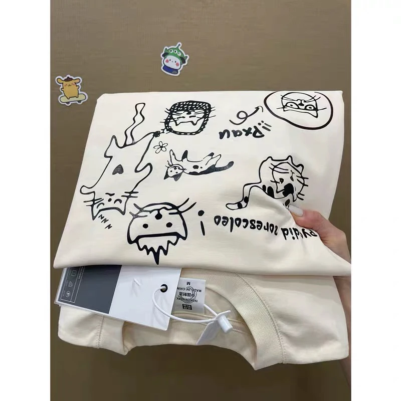 

Футболка свободного кроя из чистого хлопка с коротким рукавом, летняя повседневная футболка с круглым вырезом и принтом для мужчин и женщин