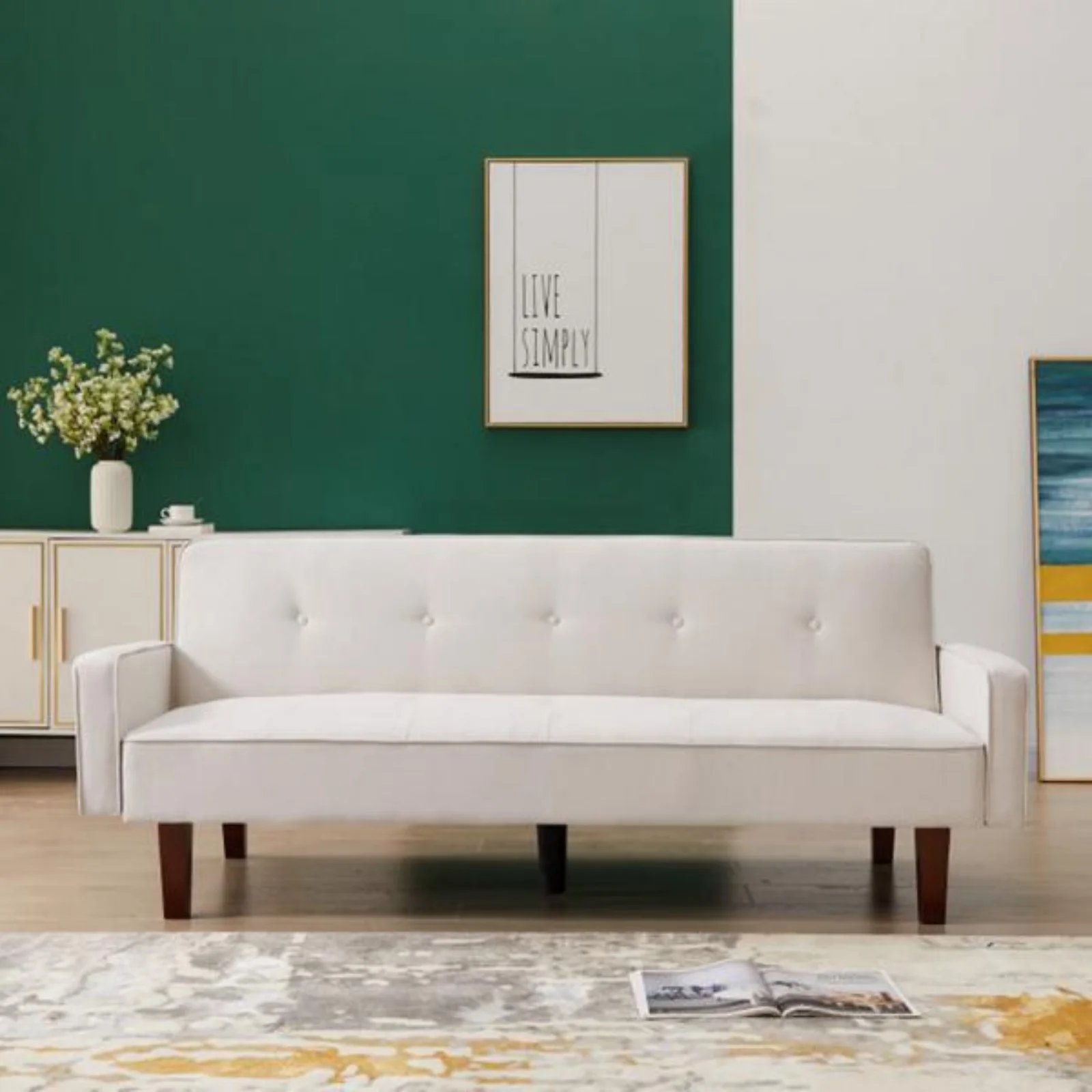 Beige Sofa Bed, Modern Linen Sofa, Convertible Sleeper Sofa with Arms, Solid Wood Feet and Plastic Centre Feet