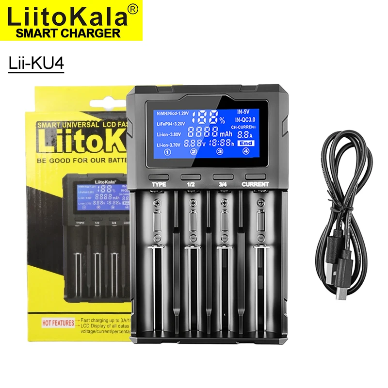 LiitoKala Lii-KU4 LCD QC3.0 smart charger  for 3.7V Lithium 18650 26650 21700 18500 18350 1.2V NI-MH Ni-Cd AA  AA