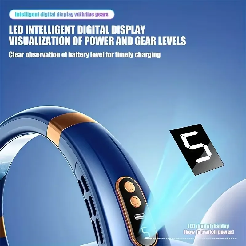 مروحة رقبة محمولة 2025 مع 5 مستويات للسرعة، وبطارية قابلة لإعادة الشحن، وإضاءة محيطة RGB - مثالية للسفر في الصيف والخارج.