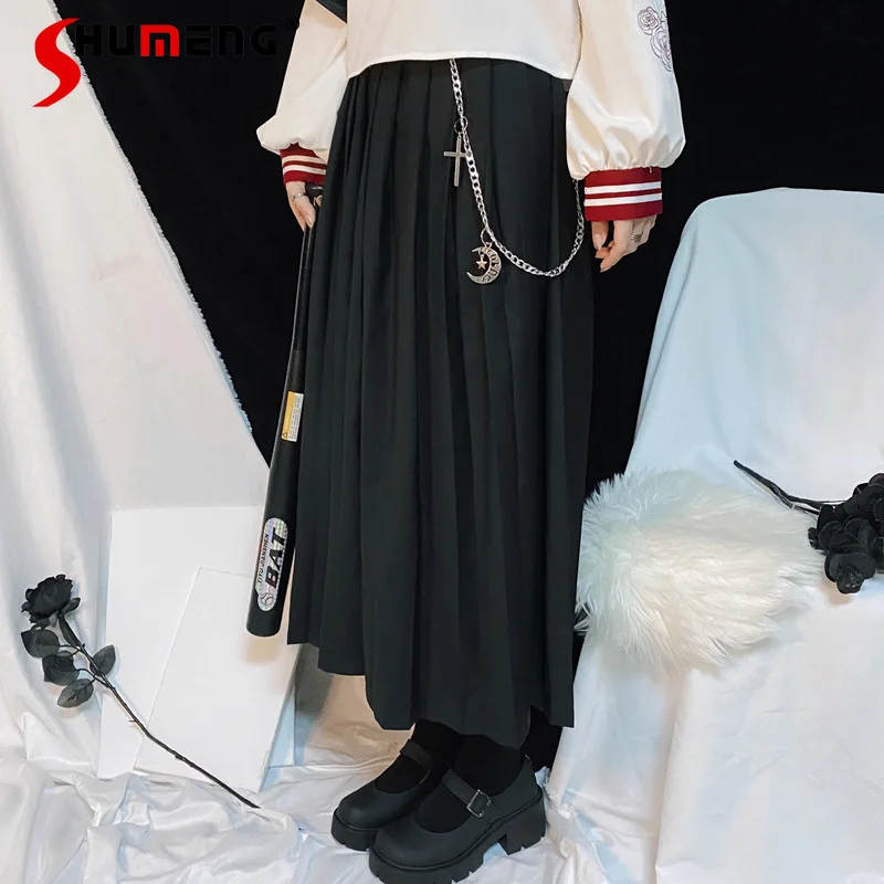 

Original Heavy Industry Chain Dark Skirt Women Autumn Fashion JK Punk High Waist Slim Pleated Skirt Gothic Korean Long Skirts