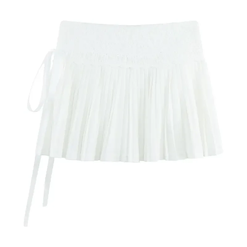 

Design Inspired Cake Skirt For Women, High Waisted Lace Patchwork Tie, Sweet Pleated Short Skirt