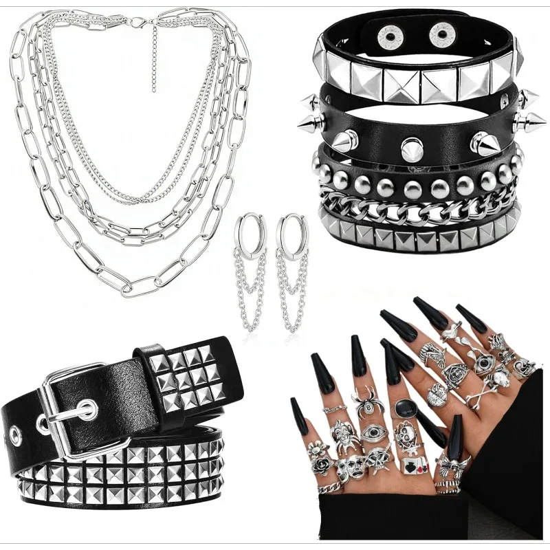 

30 Pcs Punk Costume Set for Women Goth Emo Y2k Rock Costume Adjustable for Party Halloween Punk Rock Accessories Set