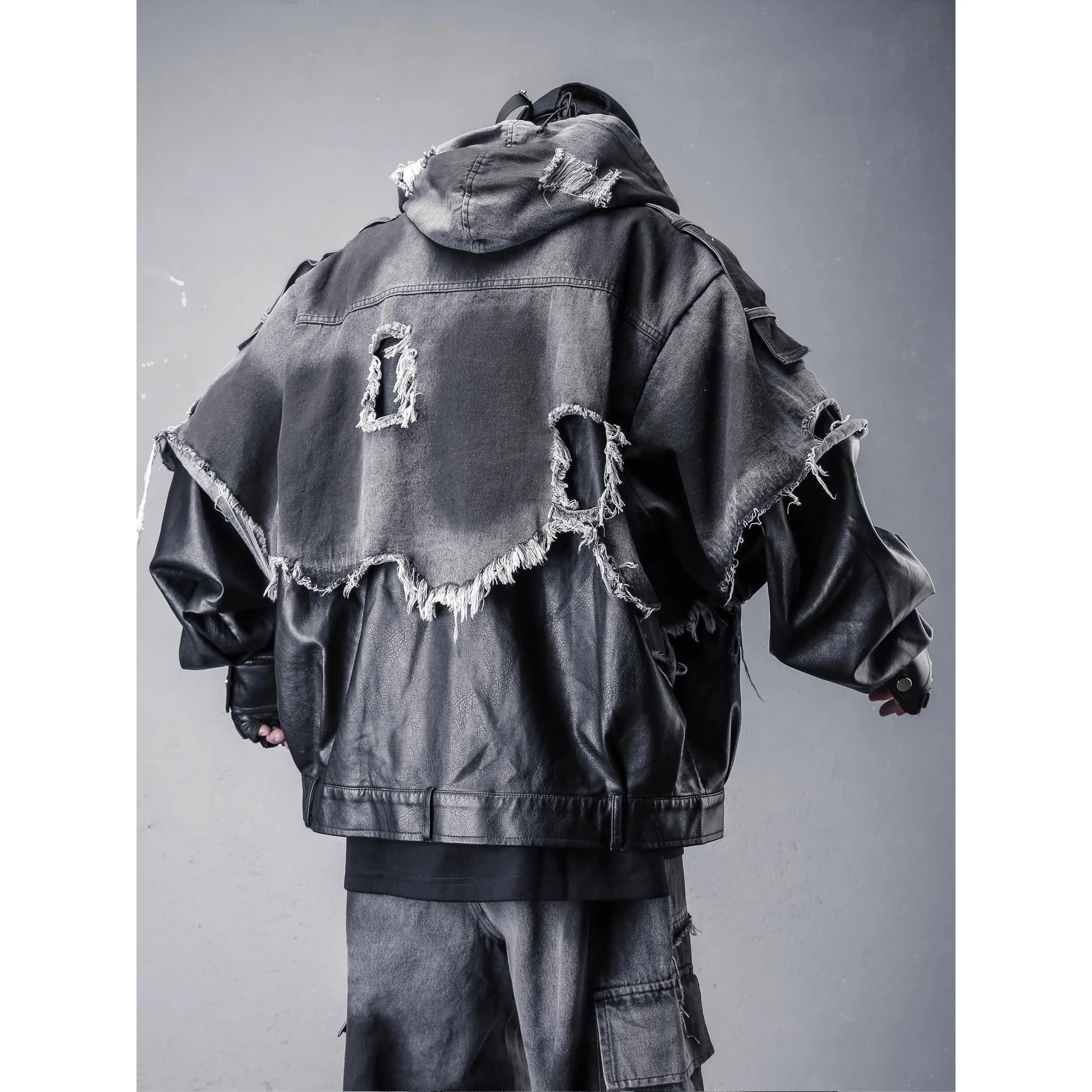 Vintage Distressed PU Leather Patchwork Denim Jacket Hooded Coat