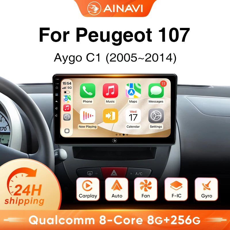 Autoradio Android Ainavi per Peugeot 107, Toyota Aygo, Citroen C1 2005-2014, Carplay Wireless, Android Auto, 4G, Lettore Multimediale per Auto, Navigazione GPS, SWC, BT5.0, HD IPS, Uscita HDMI, MP5,