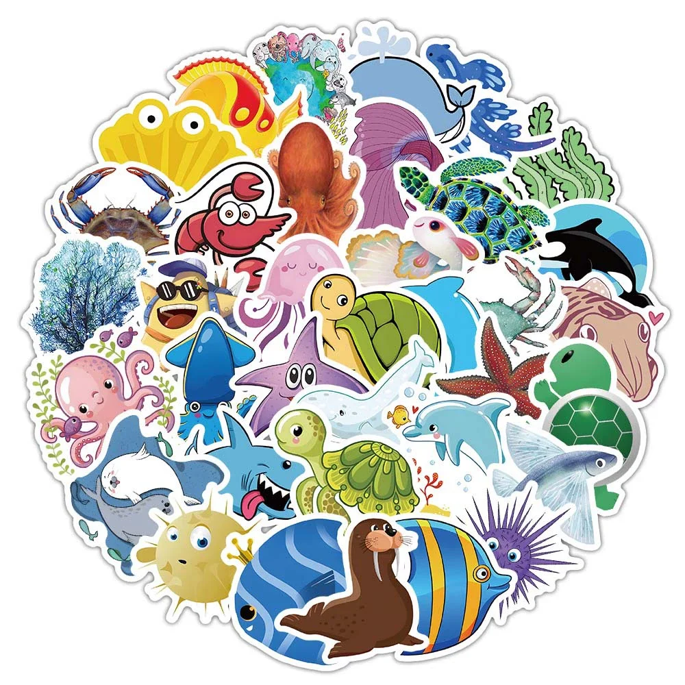 10/30/50/100pcs Cartoon Cute Marine Life Stickers PVC Material Personalized DIY Refrigerator Phone Scrapbook Waterproof Stickers