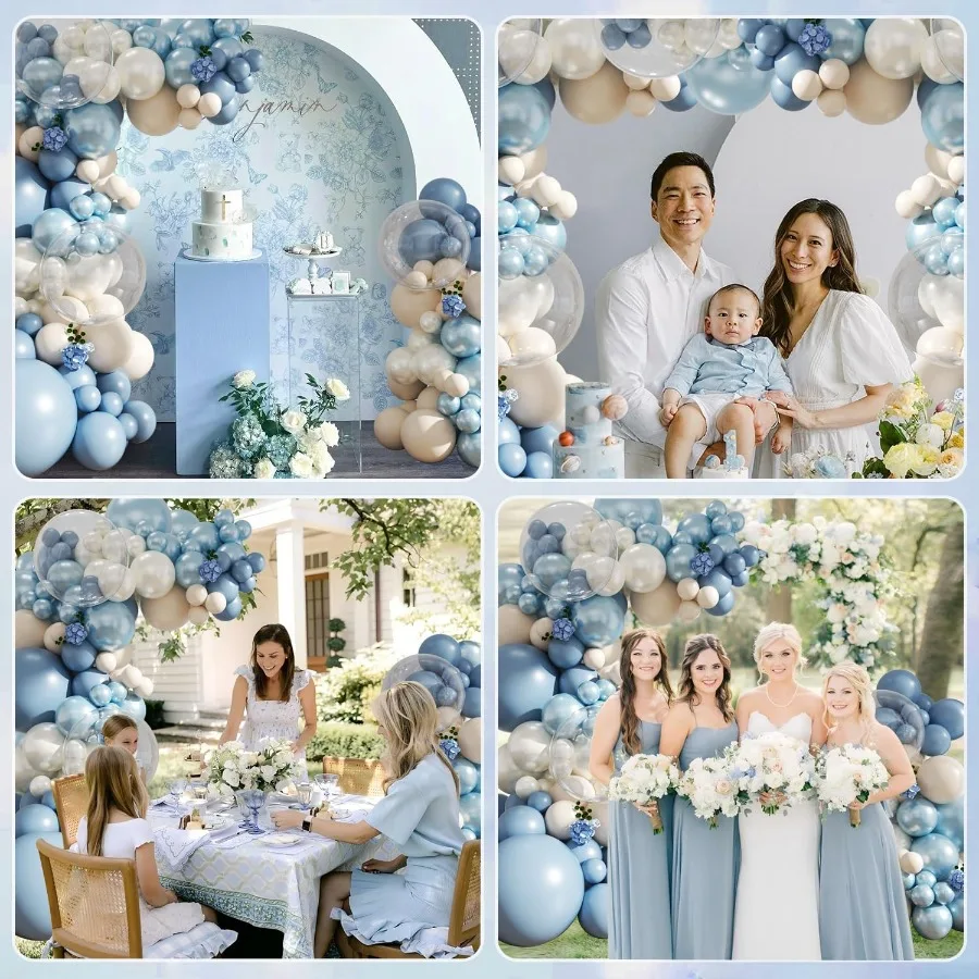 더스티 블루 풍선 아치 키트 103개 더블 스터프드 더스티 블루 펄 블루 화이트 샌드 화이트 클리어 풍선 다양한 크기 웨딩용