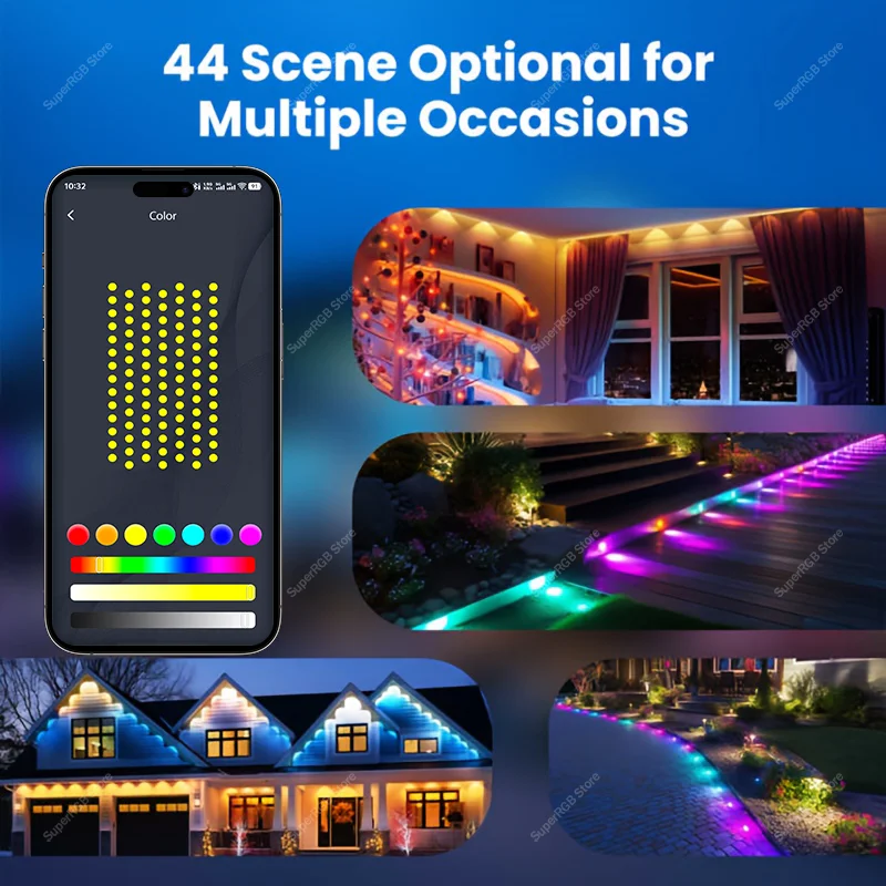 100FT APP Permanent Outdoor Eaves LED Lights Waterproof Smart RGBIC String Lights DIY Scene Full House Christmas Lighting Decor