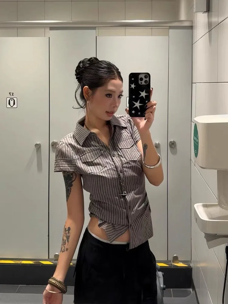 

Винтажные женские полосатые блузки Deeptown в американском ретро-стиле, рубашки с коротким рукавом, уличная одежда в стиле гяру, приталенный крой, универсальные, лето 2026