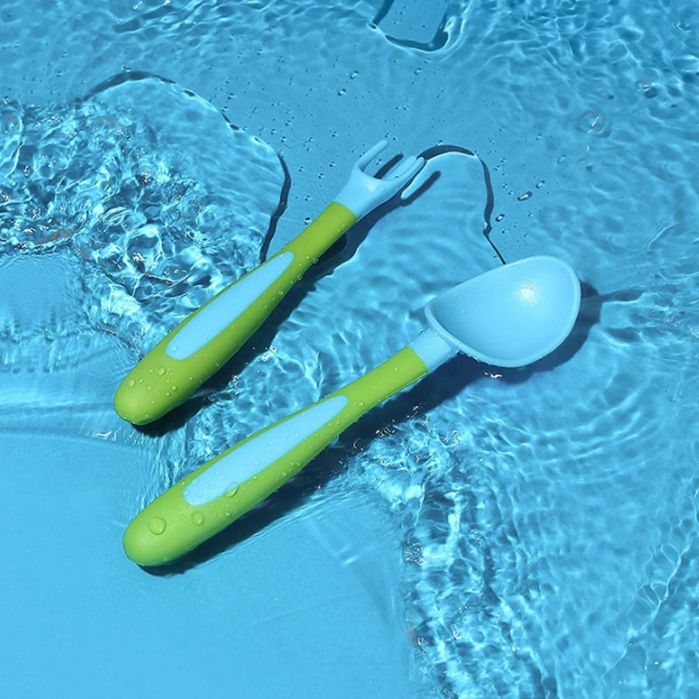 

1Set Baby Utensils Fork Spoon Feeding Training Tableware Blue Green Bendable Lightweight High Temperature Resistant Kids Feeding