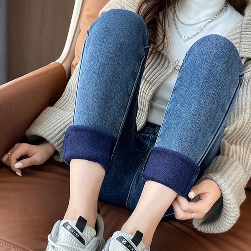 

Denim Jeans For Women's New Design Brand Slimming Breasted Pencil Pants Long Plus Velvet Warm Autumn Winter Pants Plush