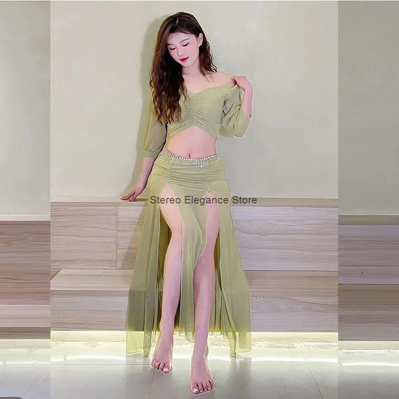 Adult Belly Dance Strapless Top Skirt Set Female Oriental Training Clothes Beginners Performance Indian Class Lesson Dance Suit image 3