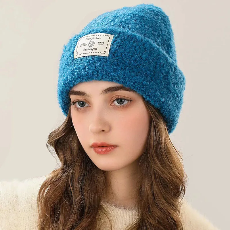 

New Winter Wool Yarn Knitted Woman Hat Warm Plush Thick Caps Korean Female Bonnet Fashion Windproof Hat Streetwear Versatile Cap