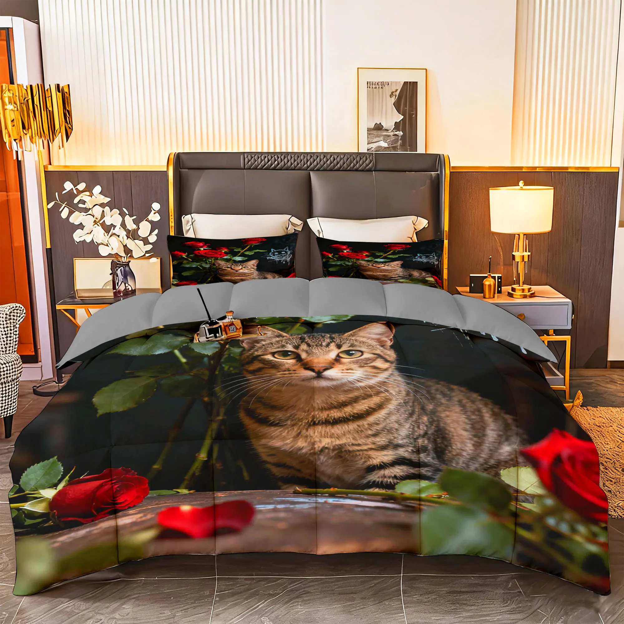 

Комплект постельного белья из 3 предметов с изображением кота и розы — 1 одеяло + 2 наволочки, мягкие дышащие наволочки для домашнего декора (стиль 02)