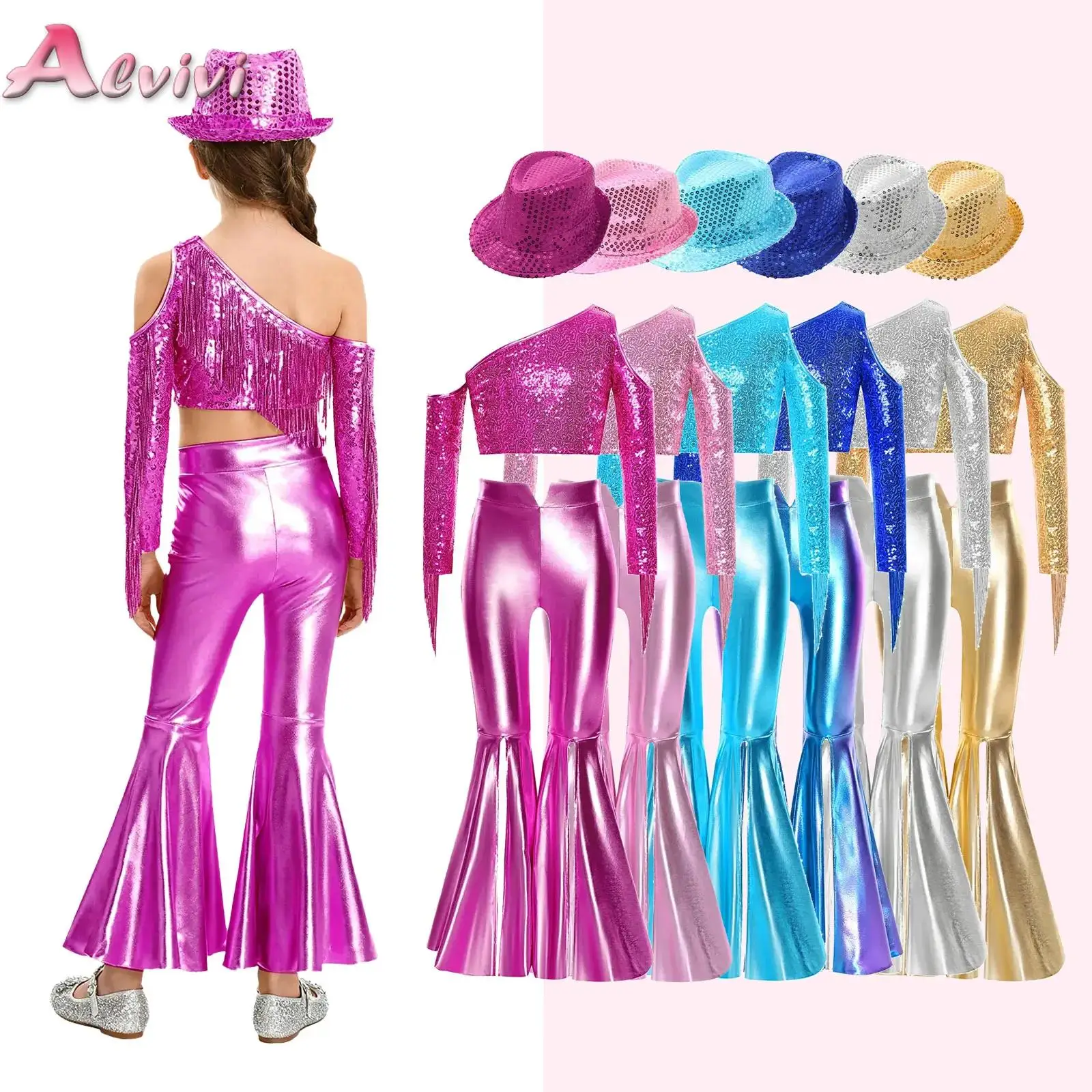 

Kids Girls 70S Disco Hippie Costume Tassel Sequins Jazz Hop Hop Performance Dancewear Crop Top+Flare Pants+Hat Cowgirl Outfits