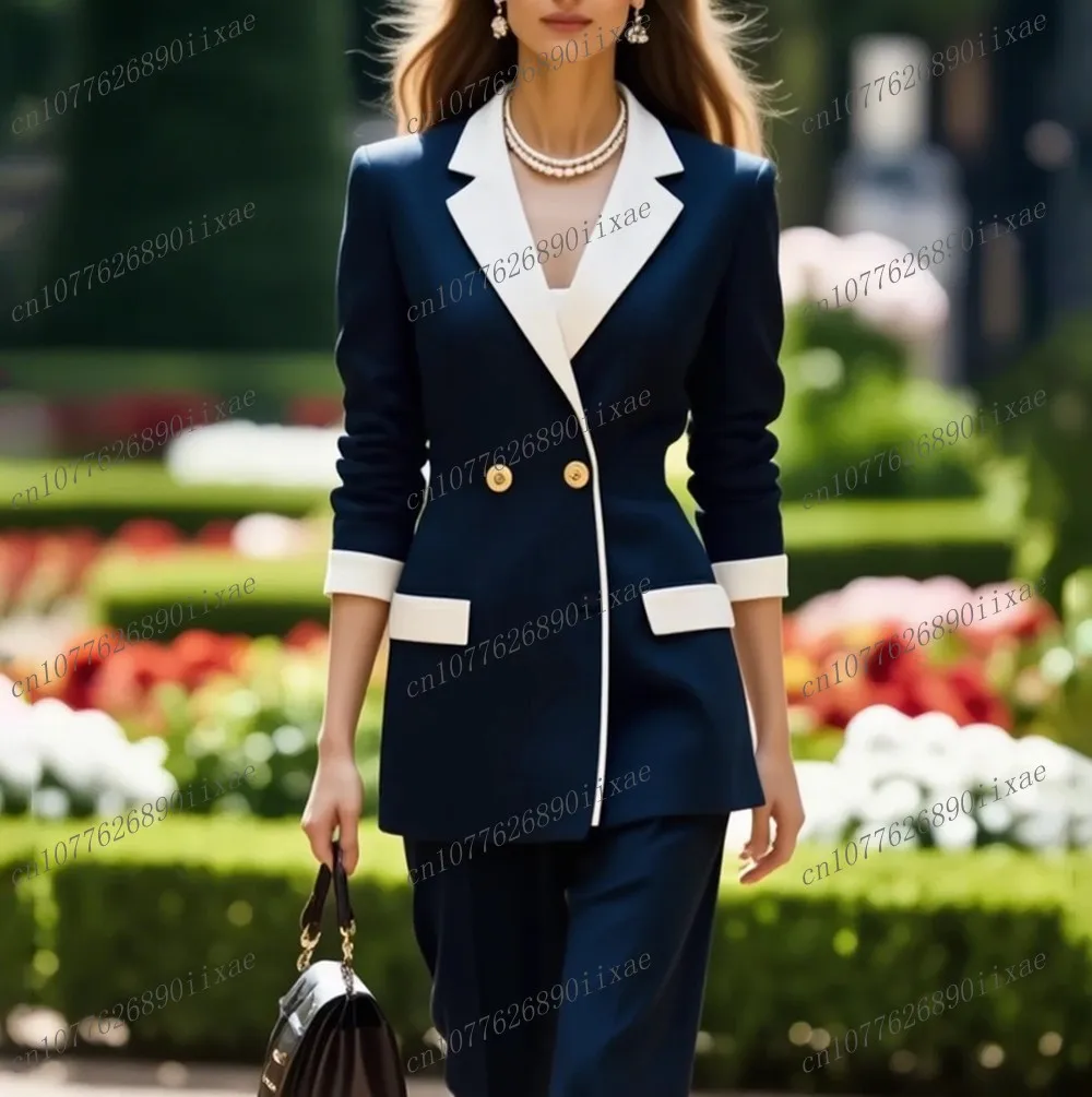 

Navy Blue And White Women Suits Lady Business Office Tuxedos Mother Wedding Party Formal Ladies 2 Piece Set Jacket Pants