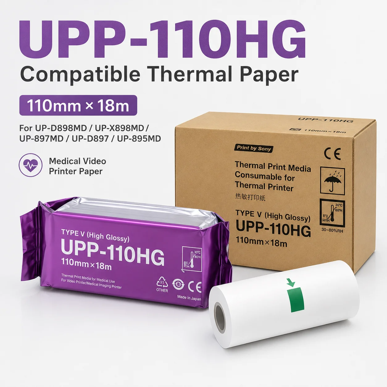 

UPP-110HG Compatible Thermal Paper 110mm x 18m for UP-D898MD UP-X898MD UP-897MD UP-D897 UP-895MD Medical Video Printer