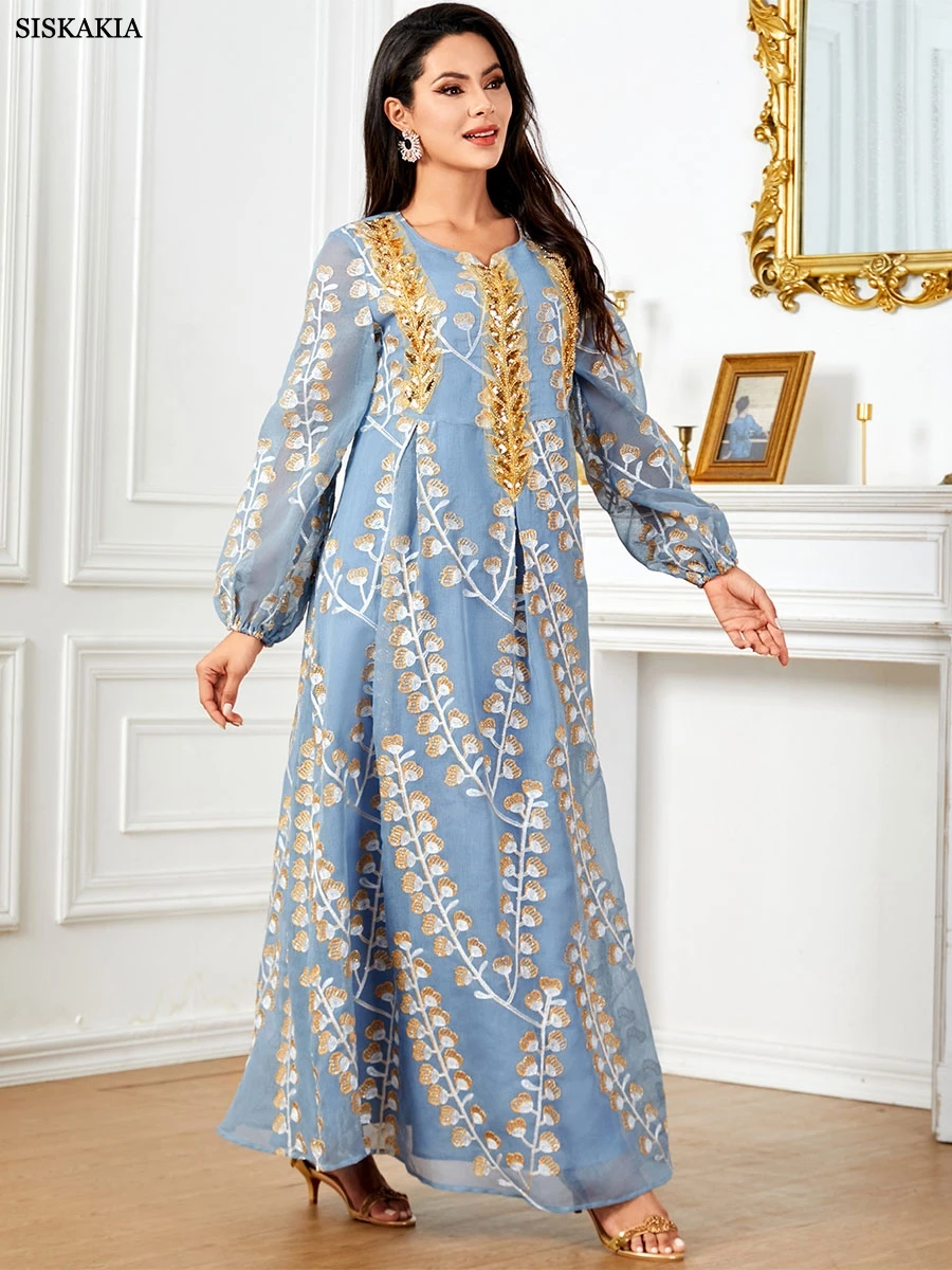 Siskakia Sequins Embroideried Dubai Abaya For Muslim Woman Notched O-Neck Puff Sleeve Moroccan Kaftan Elegant Casual Loose Robe