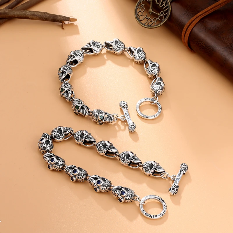 Wholesale S925 Sterling Silver European and American Gothic Trend Skull Head Men's Bracelet Dominant Silver Jewel Graffiti Brace