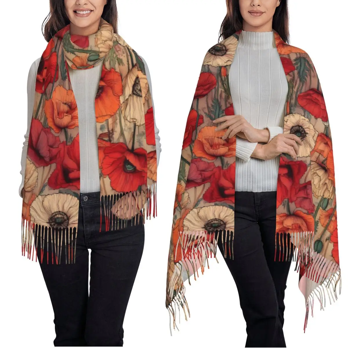 

Цветы мака с текстурированными цветными наполнителями, шарф, шарфы с кисточками, женские мягкие теплые шали и накидки, длинная осенне-зимняя шаль