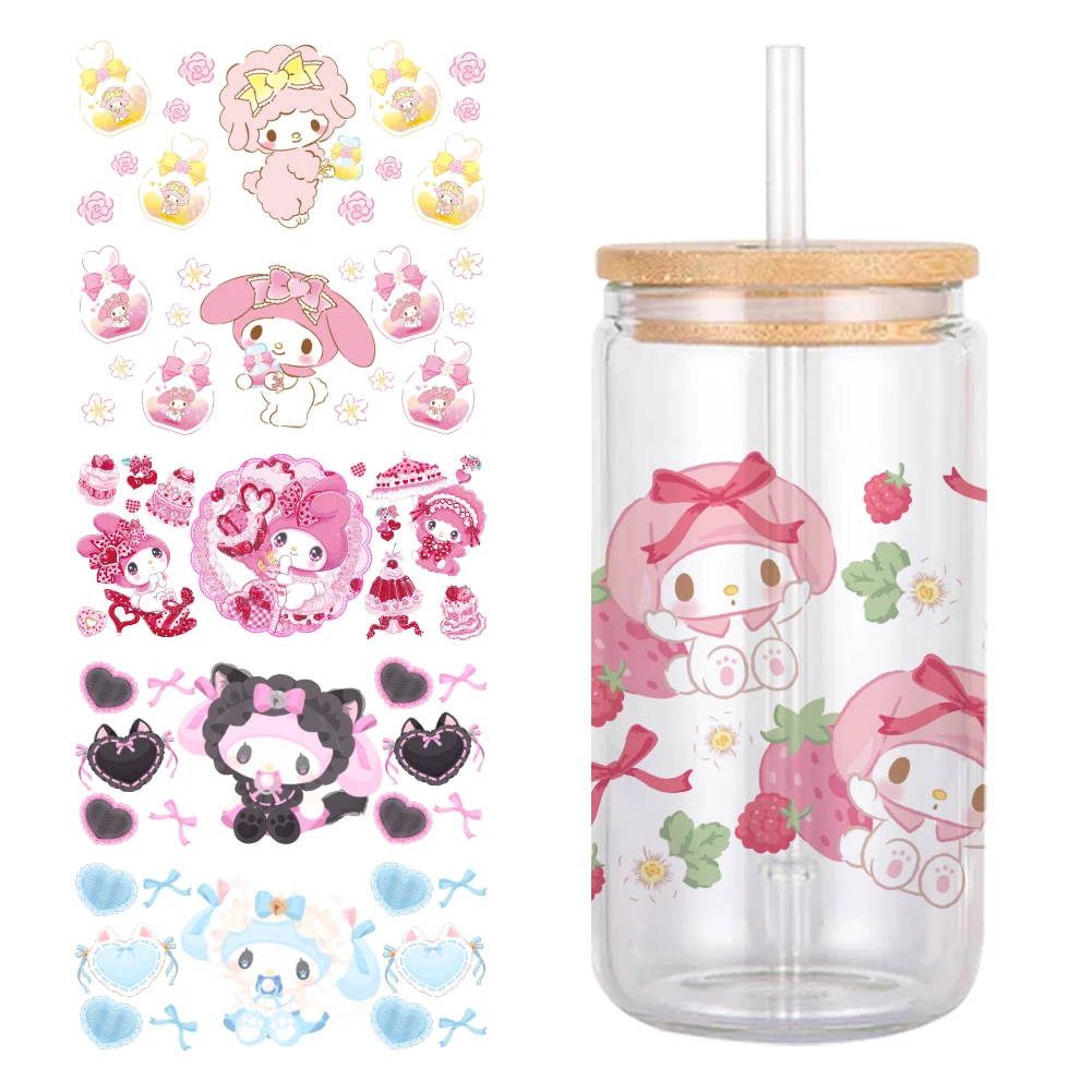 My Melody Sanrio Cute Pink UV DTF Wraps Sticker DIY For 16oz Cup Phone Laptop Waterproof Decals Coffee Cup Sticker