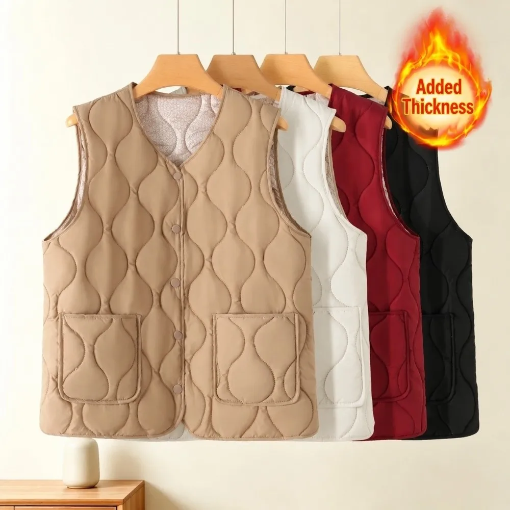 Loose Fit Snap Button Women's Vest Sleeveless Plus Size Cotton Vest Warm Cotton Fill Loose Waistcoat Casual Daily Wear