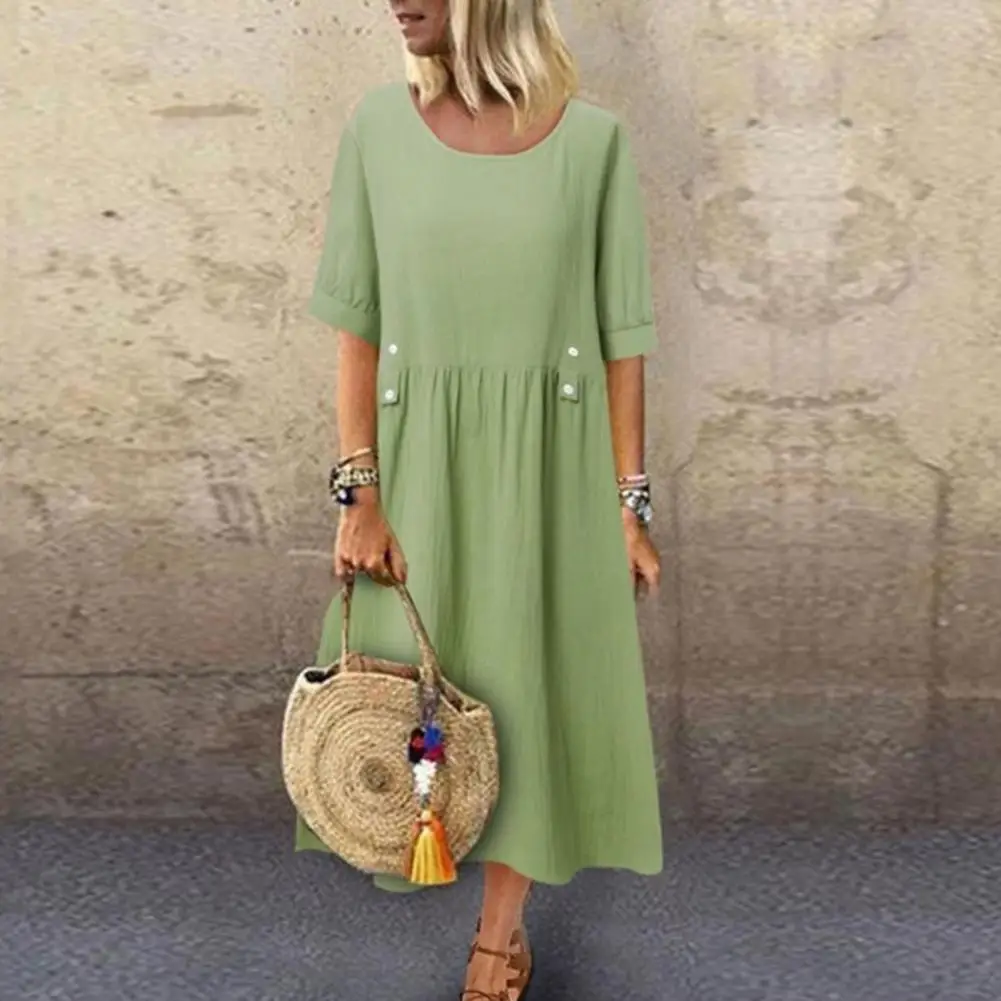 

Casual Loose Fit Dress Elegant Midi Dress with Pockets Button Decor Women's A-line Summer Dress with Pleated Detail for Women