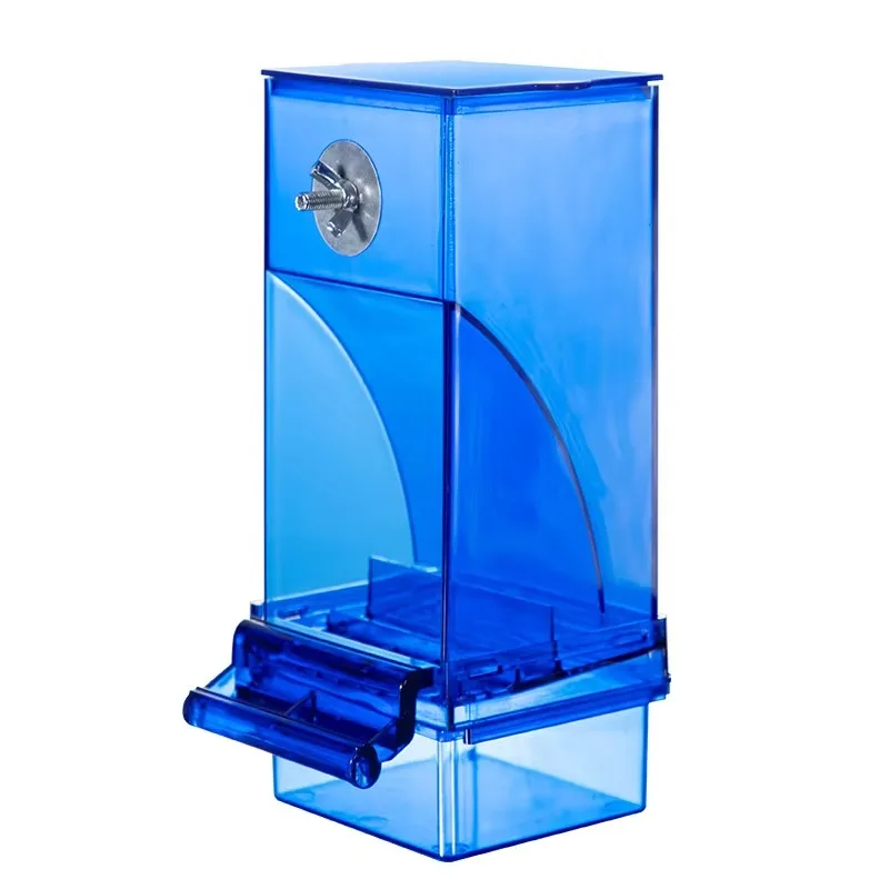 

Automatic Water Hanging Cage Bird Feeder with Stand Plastic Food Dispenser, Acrylic Transparent/Blue, Auto-Refill for Parrots