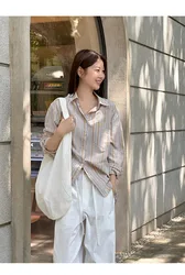 Spring and summer women's casual striped lapel long sleeved loose fitting shirt