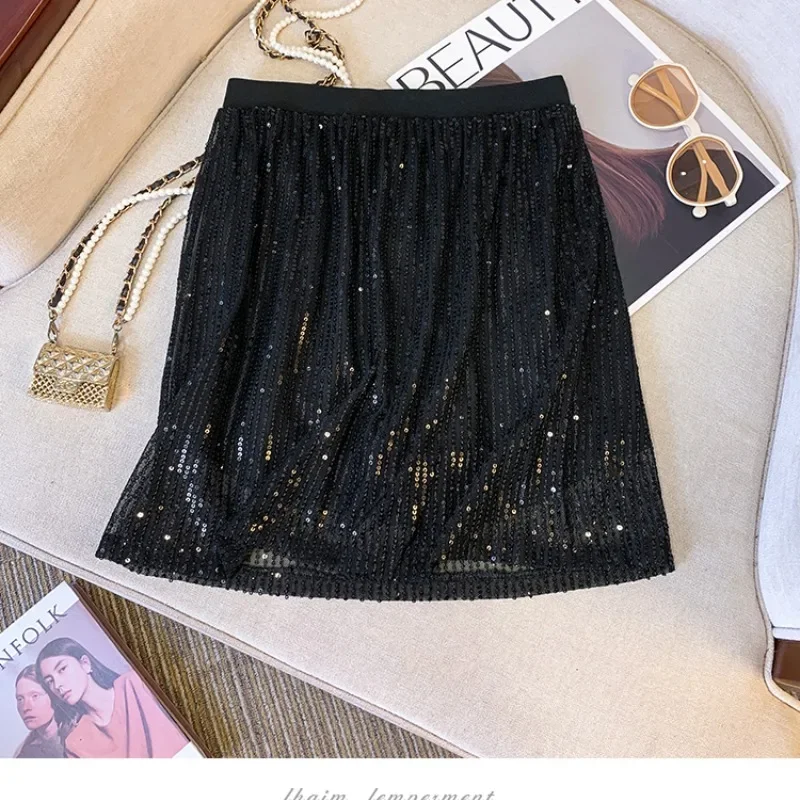 2025 Women's New Elastic High Waist Fashionable Sparkling Sexy Solid Color Slim Elegant Hip Wrap A-line Casual Skirt ZT672