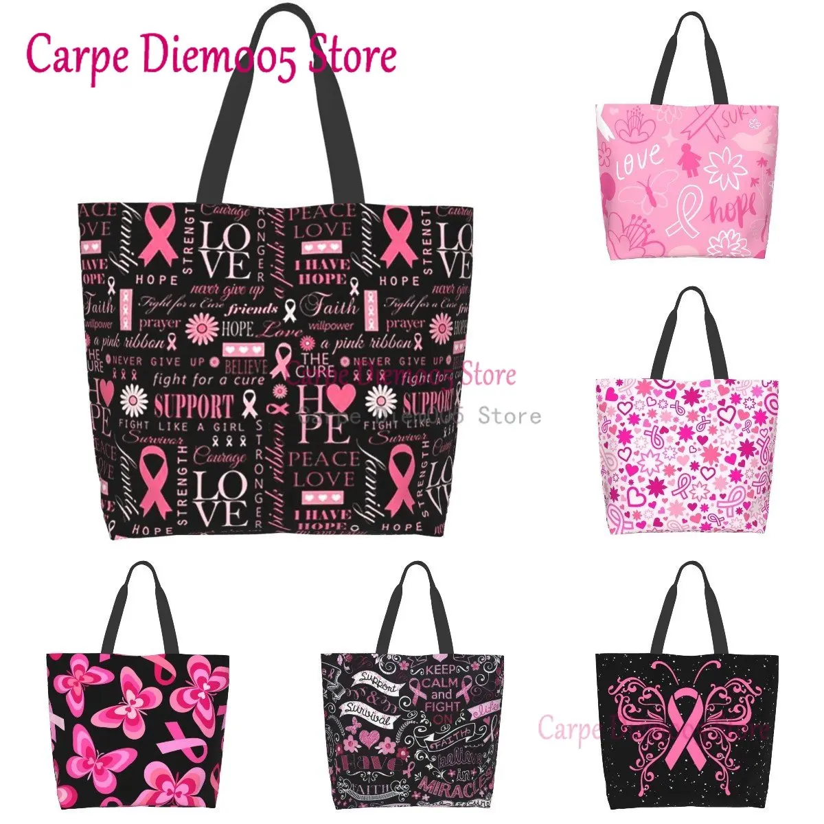 Women Shoulder Bag Pink Ribbon Support Breast Cancer Large Capacity Shopping Grocery Tote Bag For Ladies